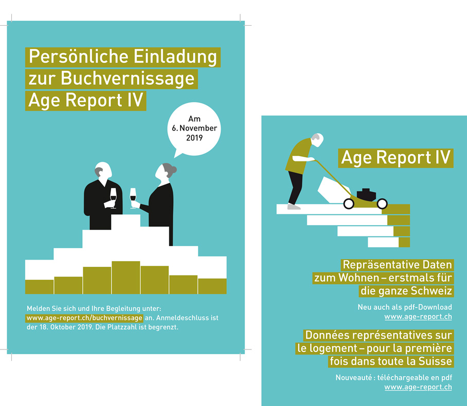 Age Report: Einladungskarte für die Buchvernissage, Inserat Deutsch und Französisch.