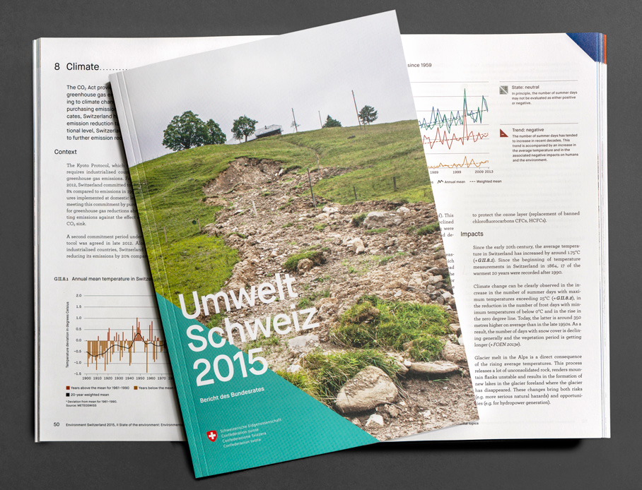 Environment Report of Switzerland 2015: Cover, Fotokonzept, Layout und Typografie.